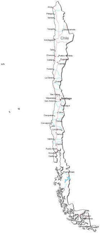 Chile Black & White Map with Capital, Major Cities, Roads, and Water Features