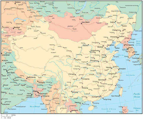 Multi Color China Map with Countries, Capitals, Major Cities and Water Features