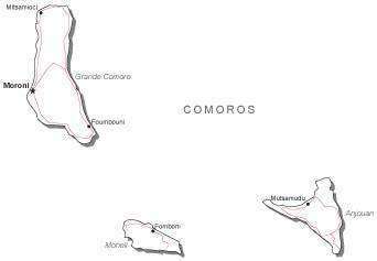 Comoros Black & White Map with Capital Major Cities and Roads