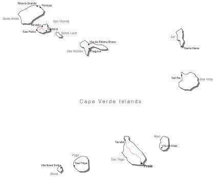 Cape Verde Islands Black & White Map with Capital Major Cities and Roads