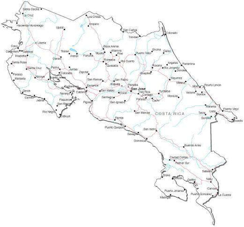 Costa Rica Black & White Map with Capital, Major Cities, Roads, and Water Features