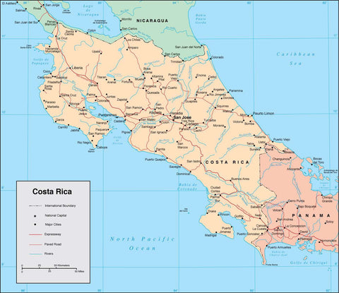 Digital Costa Rica map in Adobe Illustrator vector format