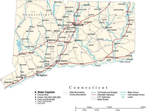 Connecticut Map - Cut Out Style - with Capital, County Boundaries, Cities, Roads, and Water Features