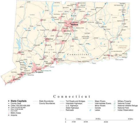 Detailed Connecticut Cut-Out Style Digital Map with County Boundaries, Cities, Highways, and more