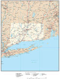 Connecticut Map with Capital, County Boundaries, Cities, Roads, and Water Features