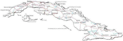Cuba Black & White Map with Capital, Major Cities, Roads, and Water Features