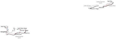 Cayman Islands Black & White Map with Capital, Major Cities, Roads, and Water Features