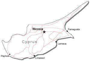 Cyprus Black & White Map with Capital Major Cities and Roads