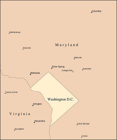 Multi Color Washington, DC Map with Counties, Capitals, and Major Cities
