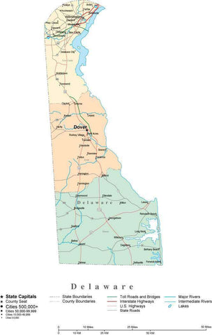 Delaware State Map - Multi-Color Cut-Out Style - with Counties, Cities, County Seats, Major Roads, Rivers and Lakes