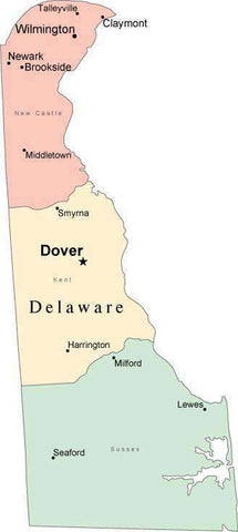 Multi Color Delaware Map with Counties, Capitals, and Major Cities