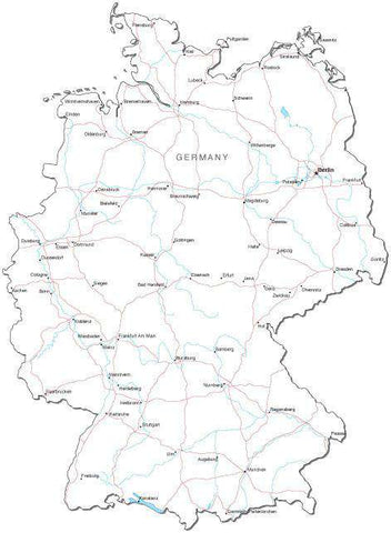 Germany Black & White Map with Capital, Major Cities, Roads, and Water Features