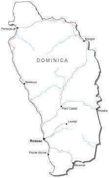 Dominica Black & White Map with Capital, Major Cities, Roads, and Water Features