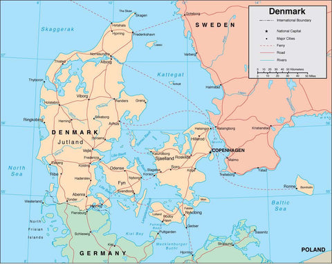 Digital Denmark map in Adobe Illustrator vector format