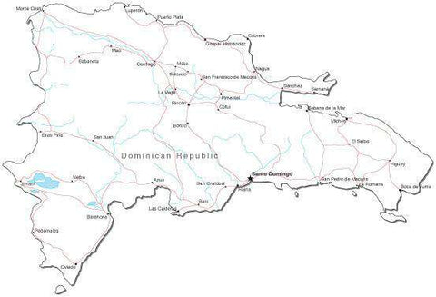 Dominican Republic Black & White Map with Capital, Major Cities, Roads, and Water Features