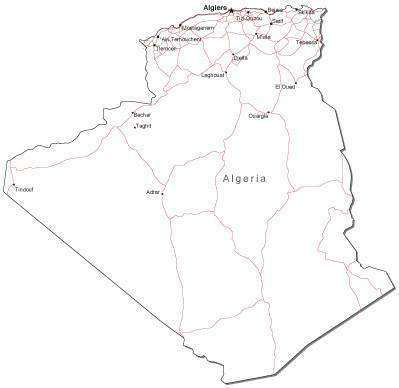 Algeria Black & White Map with Capital Major Cities and Roads