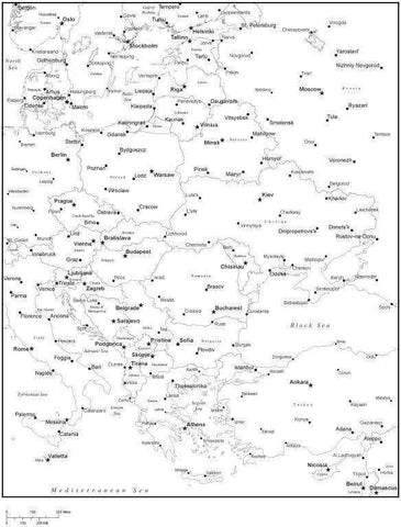 Black & White Eastern Europe Map with Countries, Capitals and Major Cities - E-EURO-533910