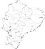 Ecuador Black & White Map with Capital, Major Cities, Roads, and Water Features