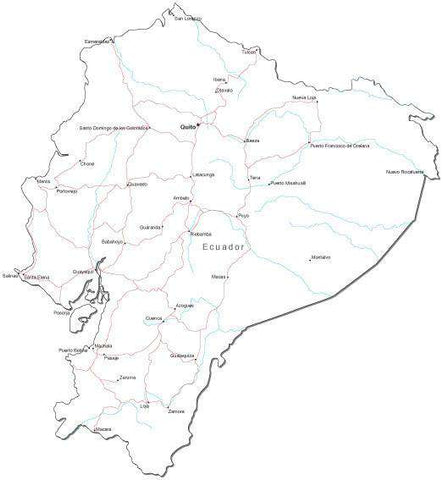 Ecuador Black & White Map with Capital, Major Cities, Roads, and Water Features