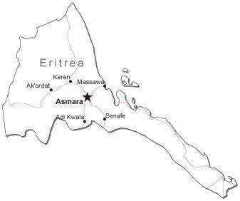 Eritrea Black & White Map with Capital Major Cities and Roads