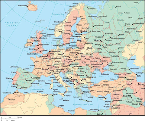 Multi Color Europe Map with Countries, Capitals, Major Cities and Water Features