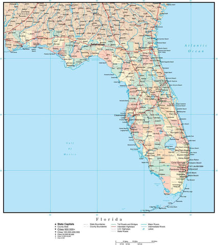 Florida Map with Counties, Cities, County Seats, Major Roads, Rivers and Lakes