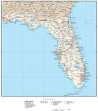 Florida Map with Capital, County Boundaries, Cities, Roads, and Water Features