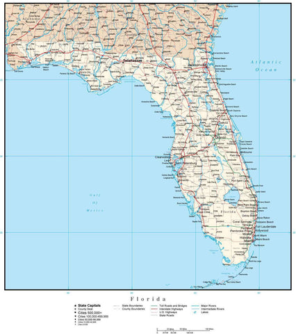 Florida Map with Capital, County Boundaries, Cities, Roads, and Water Features