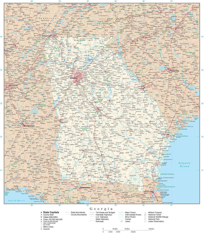 Detailed Georgia Digital Map with County Boundaries, Cities, Highways, and more