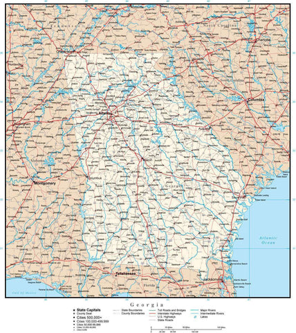 Georgia Map with Capital, County Boundaries, Cities, Roads, and Water Features