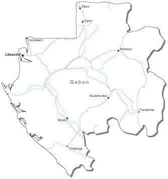 Gabon Black & White Map with Capital, Major Cities, Roads, and Water Features