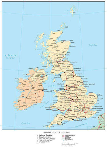 United Kingdom Map with Countries, Capitals, Cities, Roads and Water Features