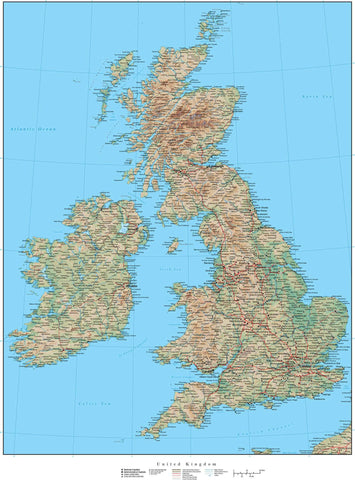 17 x 22 Inch United Kingdom Map - with Terrain