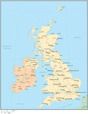 Multi Color United Kingdom Map with Countries, Capitals, Major Cities and Water Features