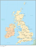 Multi Color United Kingdom Map with Countries, Capitals, Major Cities and Water Features