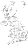 United Kingdom Black & White Map with Capital, Major Cities, Roads, and Water Features