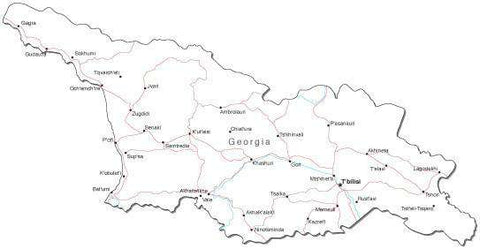 Georgia Black & White Map with Capital, Major Cities, Roads, and Water Features