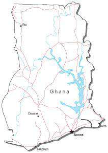 Ghana Black & White Map with Capital, Major Cities, Roads, and Water Features