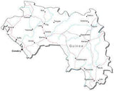 Guinea Black & White Map with Capital, Major Cities, Roads, and Water Features