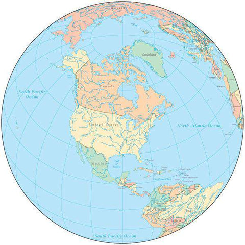 Globe over North America Map with Countries and Water Features