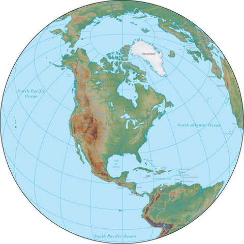 Globe over North America Terrain map in Adobe Illustrator vector format with Photoshop terrain image GL-NAM-952976