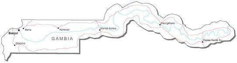 Gambia Black & White Map with Capital, Major Cities, Roads, and Water Features