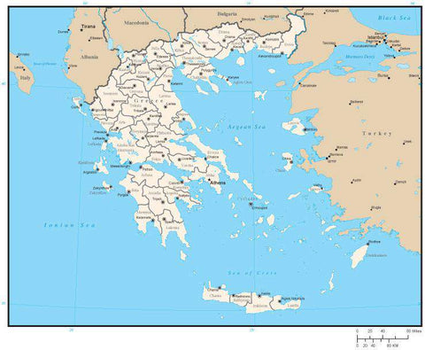 Greece Digital Vector Map with Prefecture Areas and Capitals