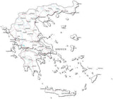 Greece Black & White Map with Capital, Major Cities, Roads, and Water Features
