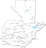 Guatemala Black & White Map with Capital, Major Cities, Roads, and Water Features