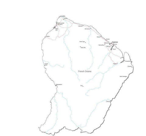 French Guiana Black & White Map with Capital, Major Cities, Roads, and Water Features