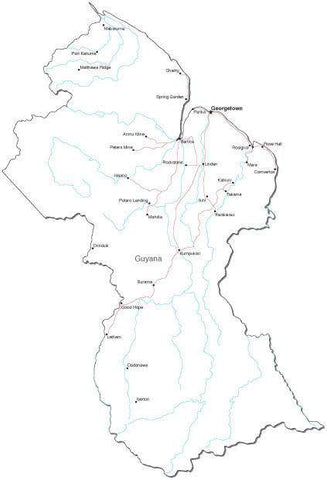 Guyana Black & White Map with Capital, Major Cities, Roads, and Water Features