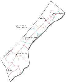 Gaza Black & White Map with Capital, Major Cities, Roads, and Water Features