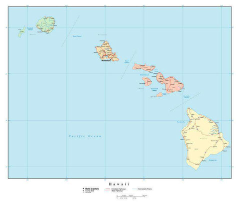 Hawaii Map with Counties, Cities, County Seats, Major Roads, Rivers and Lakes