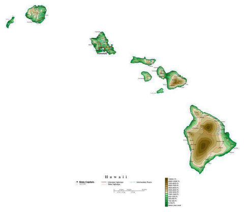 Hawaii Map with Contour Background - Cut Out Style